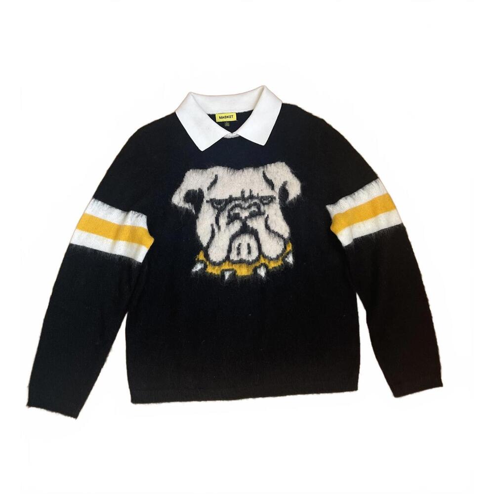 Market Fluffy Bulldog Dog Sweater Mens L Oversized Collared Black White Yellow
